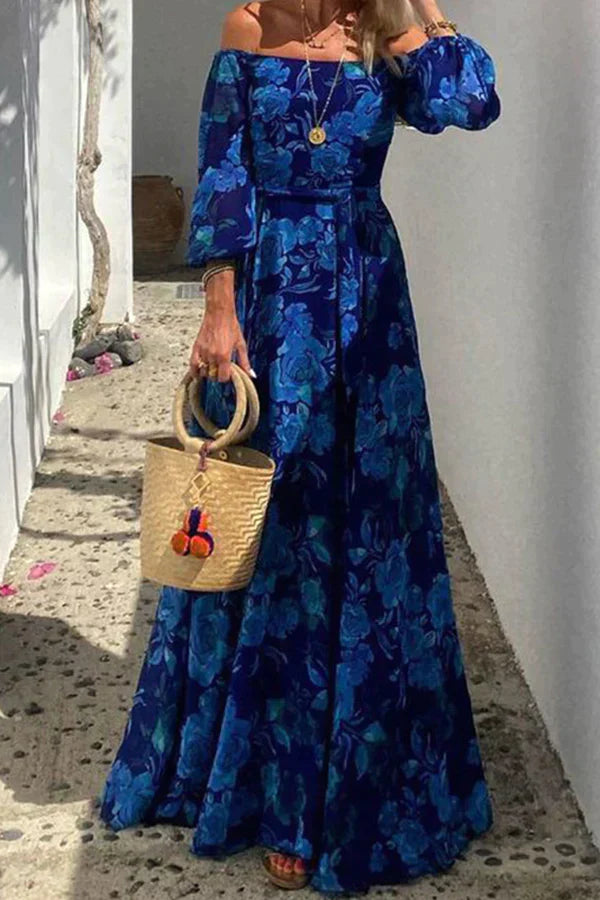 Solenique | Gebloemde off-the-shoulder gesmokte maxi jurk voor de vakanties