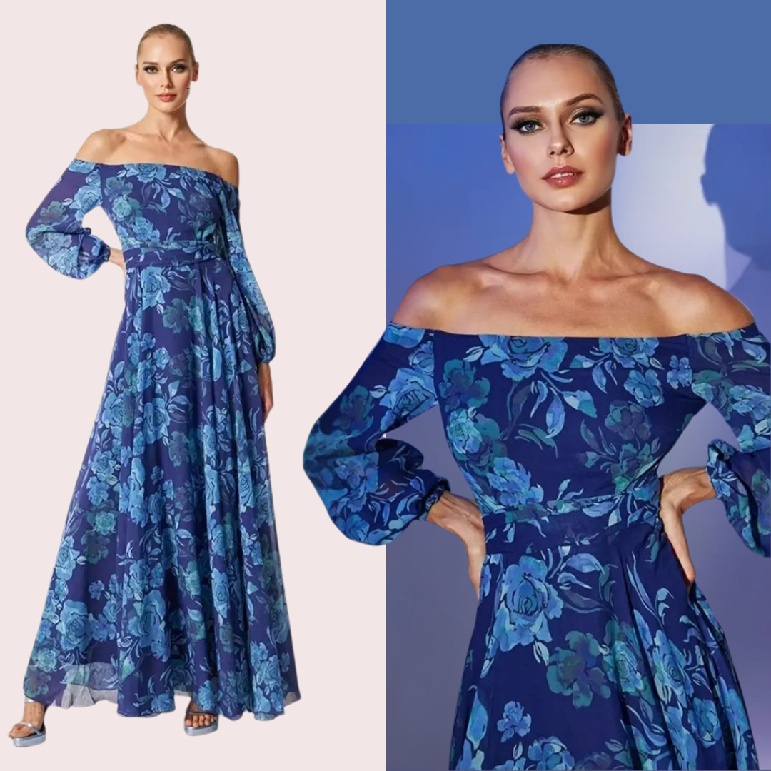 Solenique | Gebloemde off-the-shoulder gesmokte maxi jurk voor de vakanties
