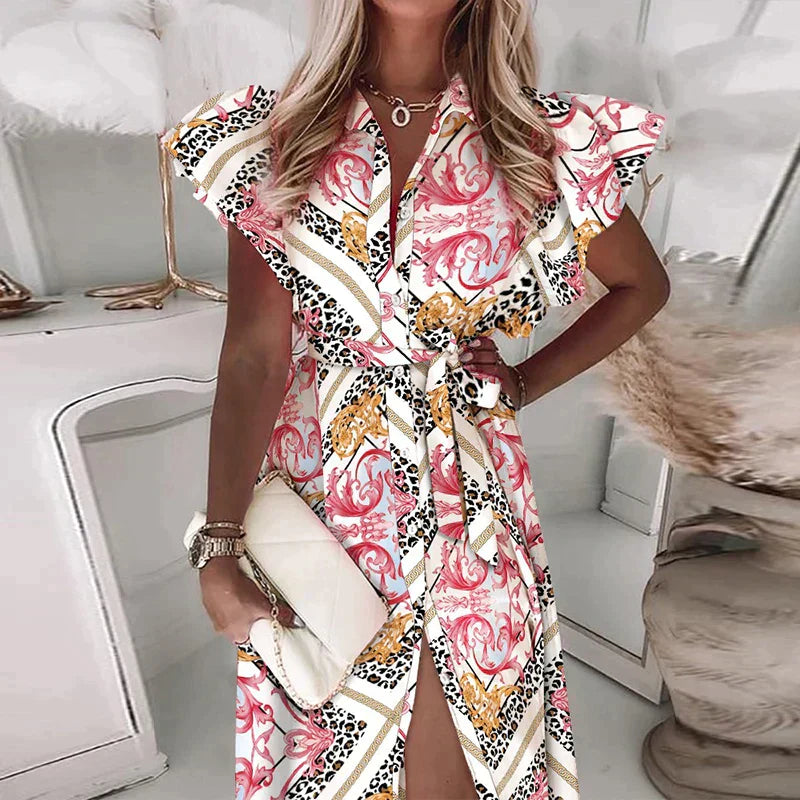 Phoebe | Mode ruches korte mouw V-hals knoop print midi rok