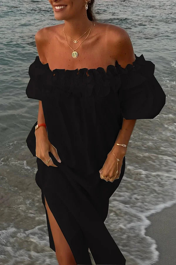 Amirelle | Off-the-shoulder midi-jurk met ruches en pofmouwen en zakken
