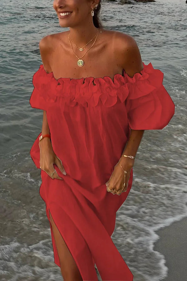 Amirelle | Off-the-shoulder midi-jurk met ruches en pofmouwen en zakken