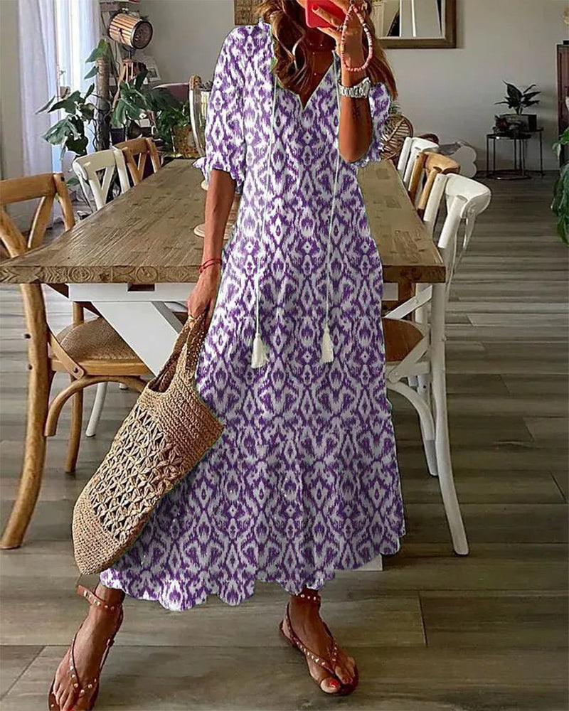 GracePrint | Lange jurk met print, V-hals en halve mouwen
