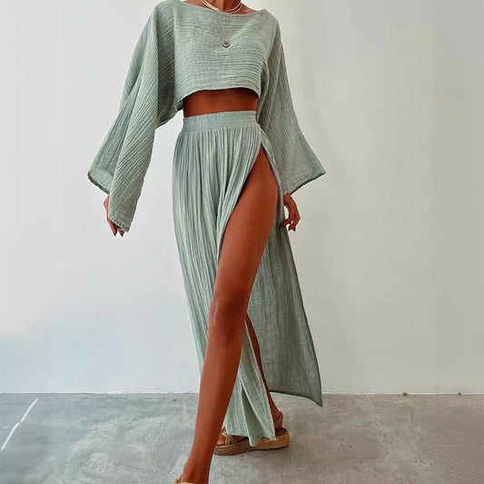 Delphira | 2-Delige Linnen Set Cropped Top & Split Rok