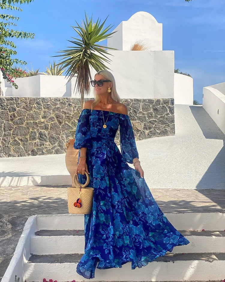 Solenique | Gebloemde off-the-shoulder gesmokte maxi jurk voor de vakanties