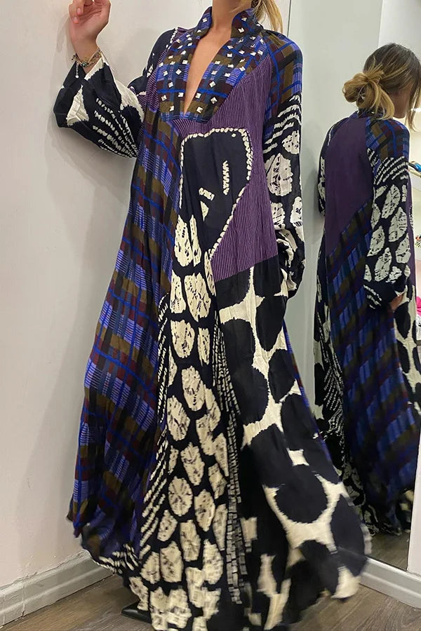 Elavira | Creatieve maxi-jurk met lange mouwen, colorblock print en zakken