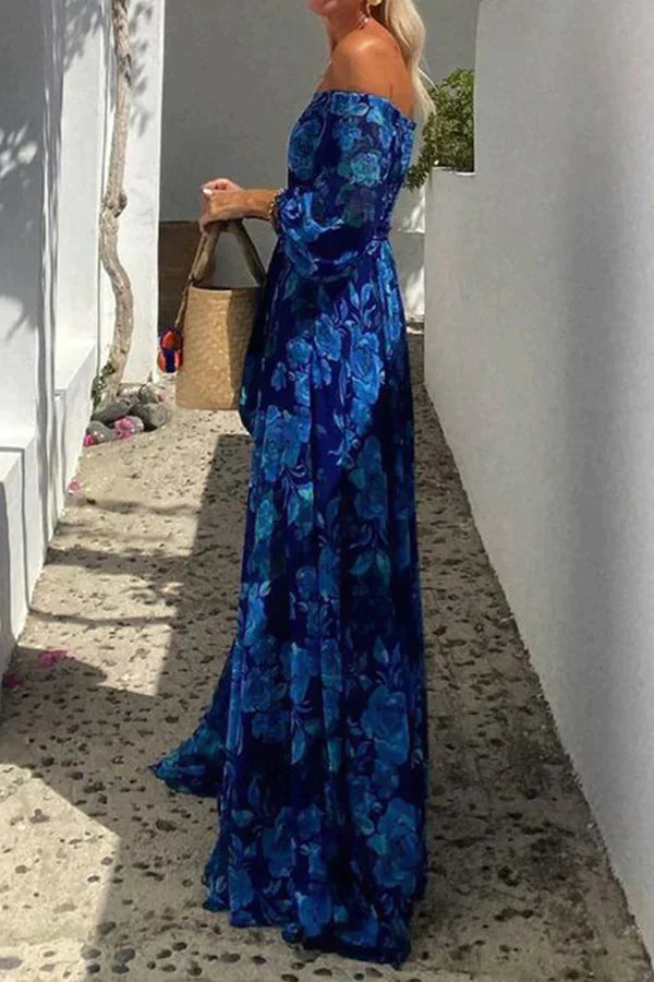 Solenique | Gebloemde off-the-shoulder gesmokte maxi jurk voor de vakanties