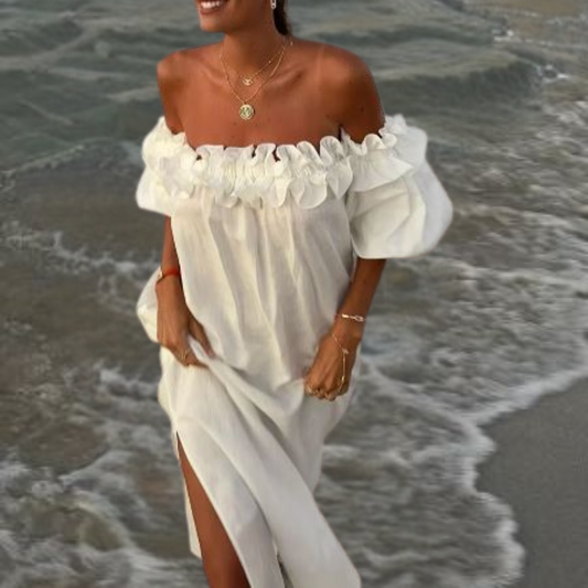 Amirelle | Off-the-shoulder midi-jurk met ruches en pofmouwen en zakken