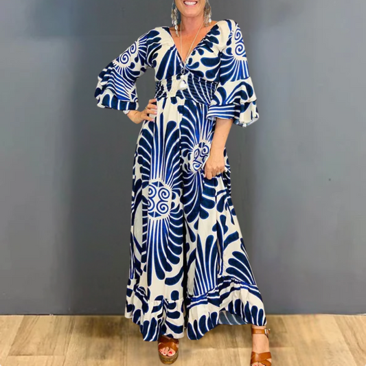 Marivelle | Vintage jumpsuit met gerimpelde mouwen en bloemenpatroon