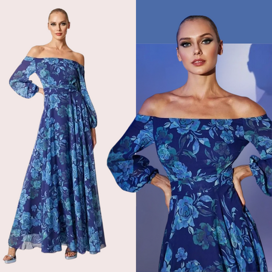 Solenique | Gebloemde off-the-shoulder gesmokte maxi jurk voor de vakanties