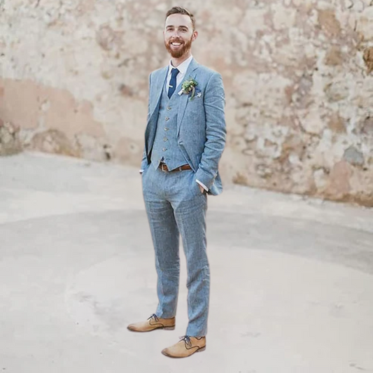 Valtorren | Luxe Zomer Linnen Bruiloftspak - Lichtblauw Mannenpak - 3-delig (Jas + Broek + Vest)