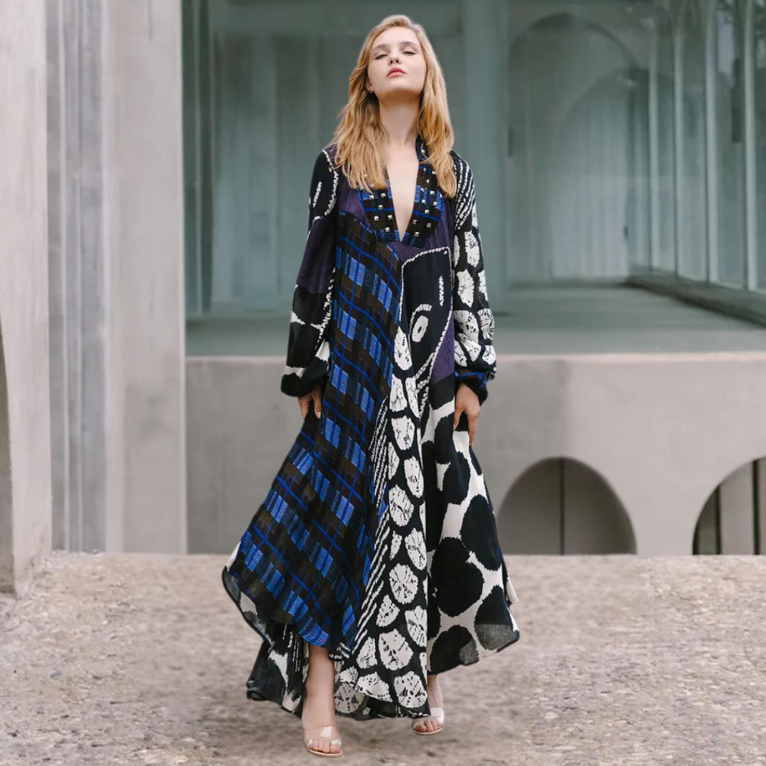 Elavira | Creatieve maxi-jurk met lange mouwen, colorblock print en zakken