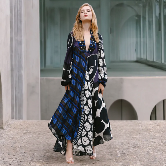 Elavira | Creatieve maxi-jurk met lange mouwen, colorblock print en zakken