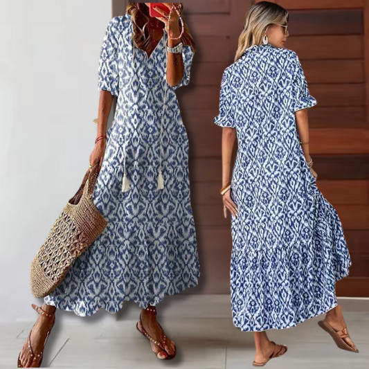GracePrint | Lange jurk met print, V-hals en halve mouwen