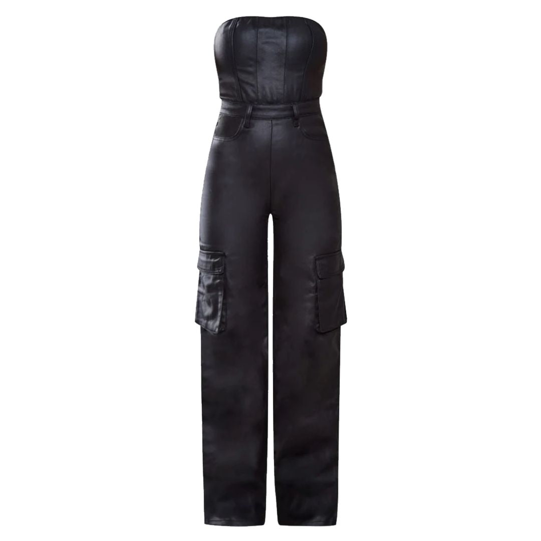 Beatrice | Strapless Leren Cargo Jumpsuit