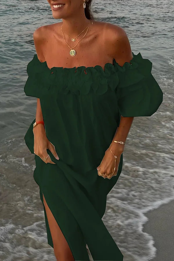 Amirelle | Off-the-shoulder midi-jurk met ruches en pofmouwen en zakken