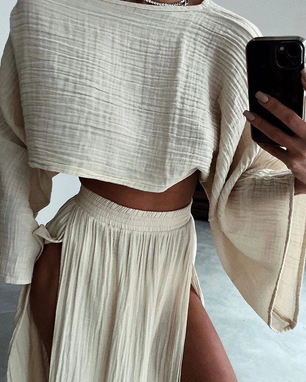 Delphira | 2-Delige Linnen Set Cropped Top & Split Rok