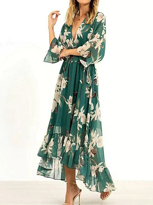 Verdellea | Elegante groene ruchesjurk met tailleband